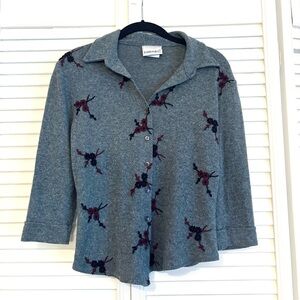 Vintage Y2K Floral Embroidered Button Down Shirt Gray Black Maroon Small S